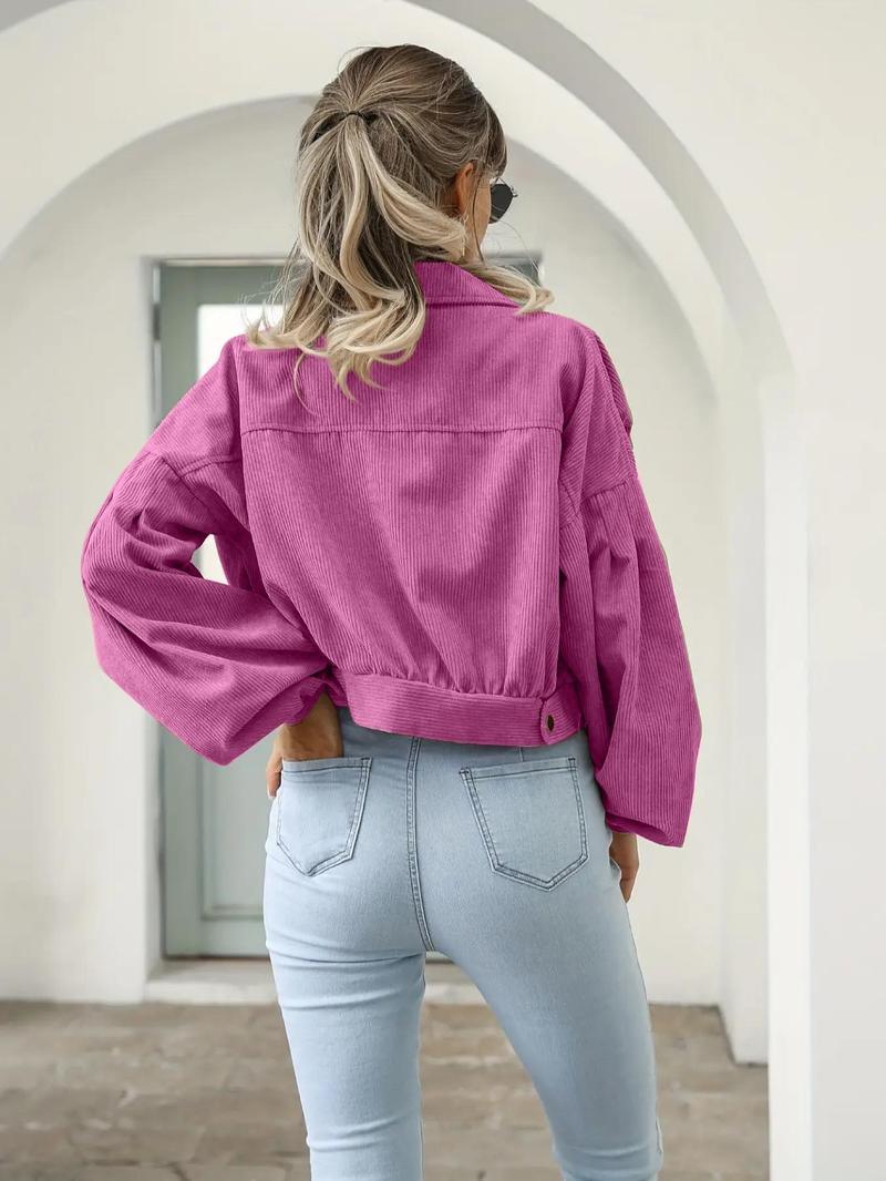 Product Introduction of Women's Plain Pocket Button Front Lantern Sleeve Ruched Jacket, Coats for School, Casual Drop Shoulder Long Sleeve Collar Outerwear for Daily Wear, Jackets for Women, Ladies Clothes, Back To School Clothes, Gen Z Corporate Outfit,  Winter Coats 2024 11