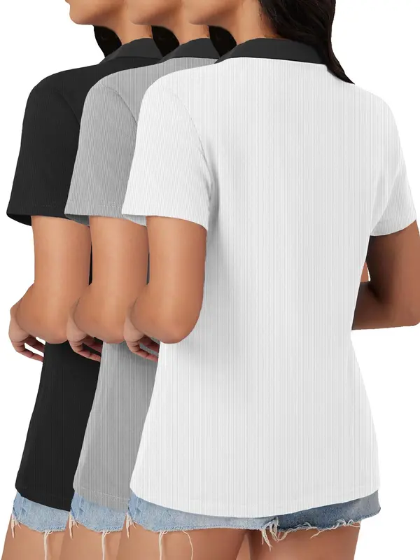 Women's Solid Color Ribbed Polo Shirt, Casual Short Sleeve Collared Top for Summer, Ladies Clothes for Daily Wear 1