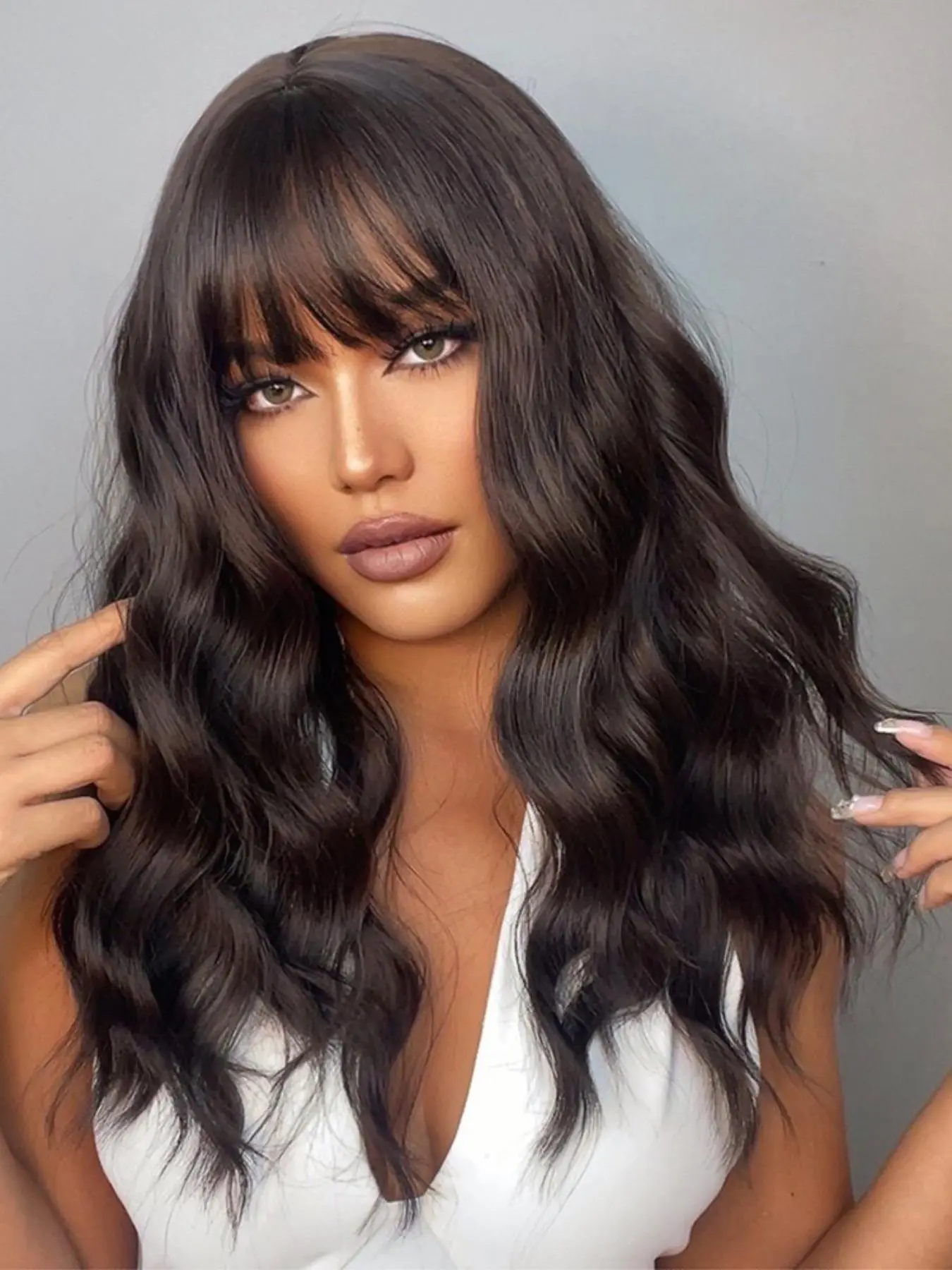 22 Inch Brown Long Curly Wigs For Women, Gorgeous Fluffy Wigs With Bangs, Synthetic Wigs For Party, Daily Use