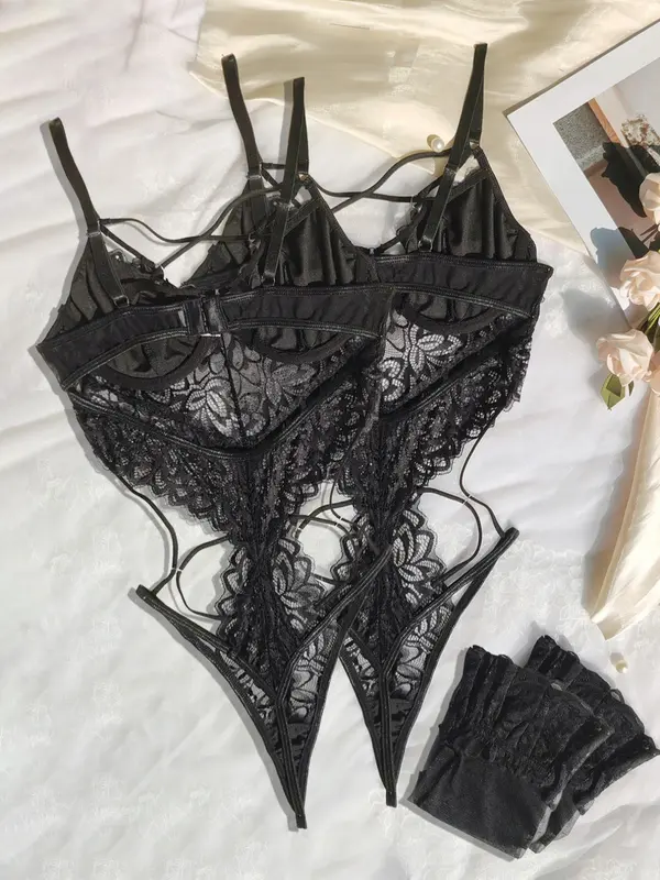 Women's Contrast Lace Sheer Lingerie Set, Sexy Lace Up Criss Cross Backless Cami Bodysuit & Thong One-piece & Stockings Set, Women's Lingerie & Underwear Set for All Seasons 5