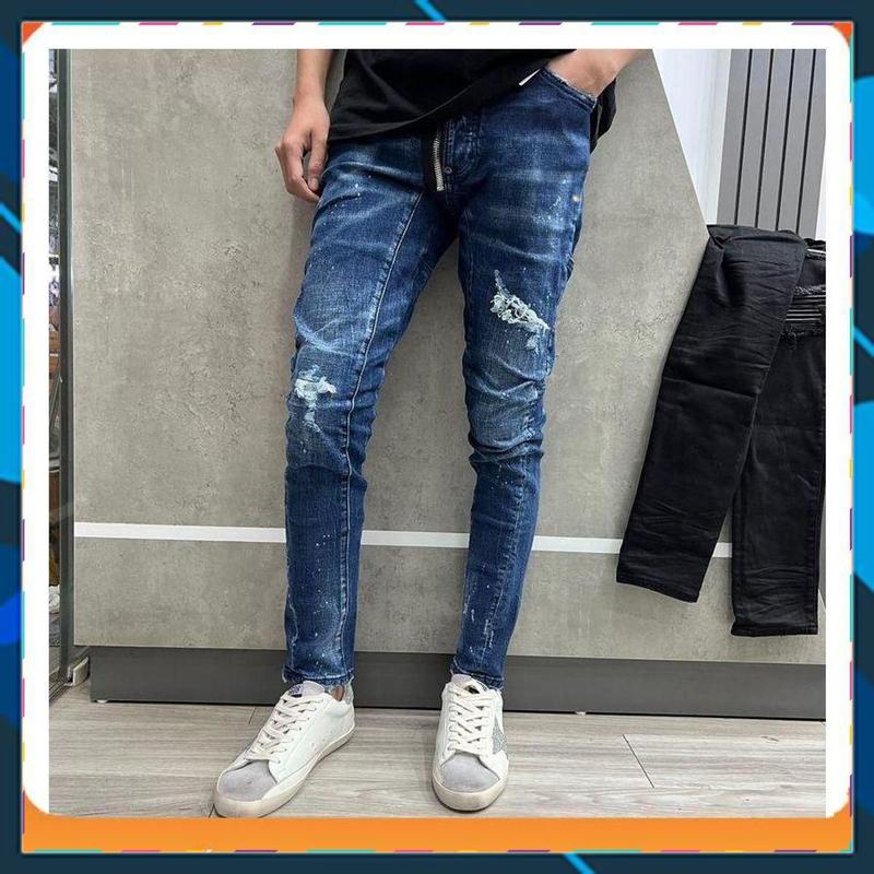 Quần jean bò vẩy sơn rách nhẹ khoá lệch ôm gọn cotton Nam Menswear Pants
