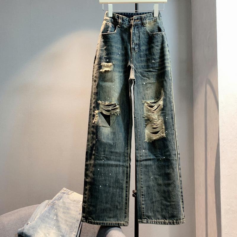 nhatran - Quần jean nữ ống suông phom dài 102cm rách phun sơn chất Demin Pants Women Ong MS020-021