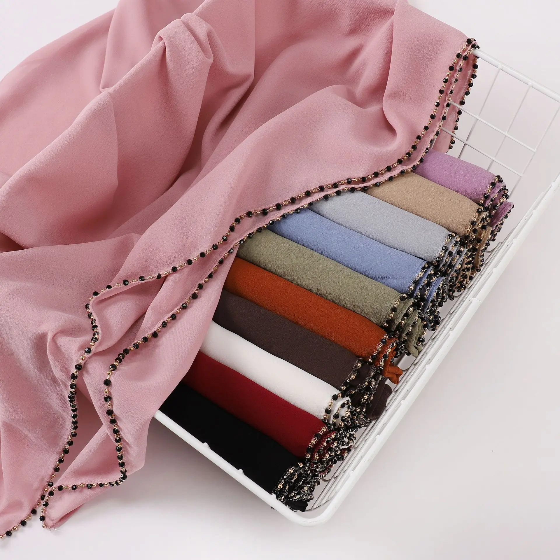 Black Crystal Copper Chain Headscarf, Washed Anti-Rust Design Headscarf, Chiffon Scarf, Muslim Headscarf, Fashion Temperament Scarf