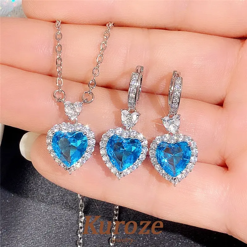 Kuroze - bộ bông tai nữ, topaz, Xanh Biển , zircon, đại dương, mặt dây chuyền hình trái tim, mới, hợp thời trang