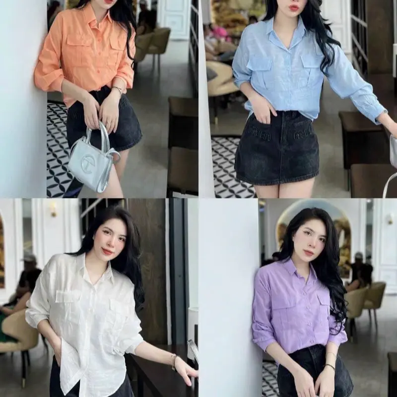 Áo sơ mi nữ tay dài chất tơ rũ mềm mại 2 túi 2 nắp xinh tay phồng nhẹ phom dáng hàn quốc. Women Top Voi Shirt Trắng tím pastel 5