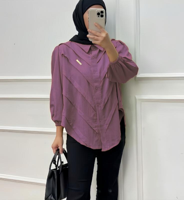 Kemeja Winuri Wanita Polo Linen Polos Lengan Balon M L XL XXL Cantik Formal Busui Panjang Atasan Variasi 6