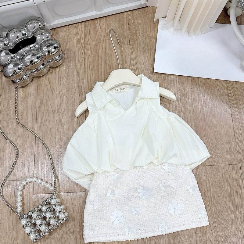 ONG KIS Sét cổ bẻ chữ V thô lụa mềm dáng bồng bí+chân váy chữ A đính hoa nổi cho bé gái 10-30 kg Cao Su