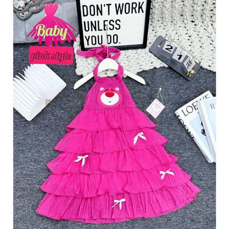 (14-40kg) Váy maxi  gấu dâu , Váy cổ yếm nhiều tầng  cho bé gái đi biển , đi chơi , mặc hè rất mát mẽ 4