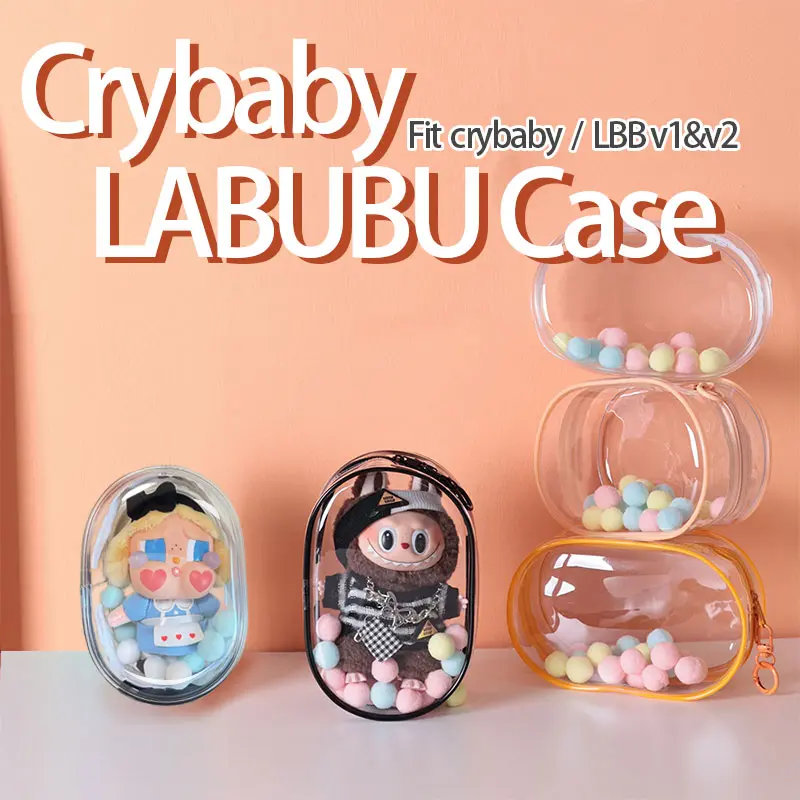Crybaby Labubu Display Case PVC Transparent Bag for 15CM 17CM LABUBU Macaron Vinyl Plush Toy Outdoor Dustproof and Waterproof Protective Cover Storage Bag for LBB v1 v2 Crybaby