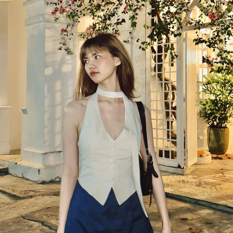 Áo gile nữ vest form ôm cổ yếm cột dây Mintshe store (S/M/L) - Đen/Trắng/Be - Voi, Women