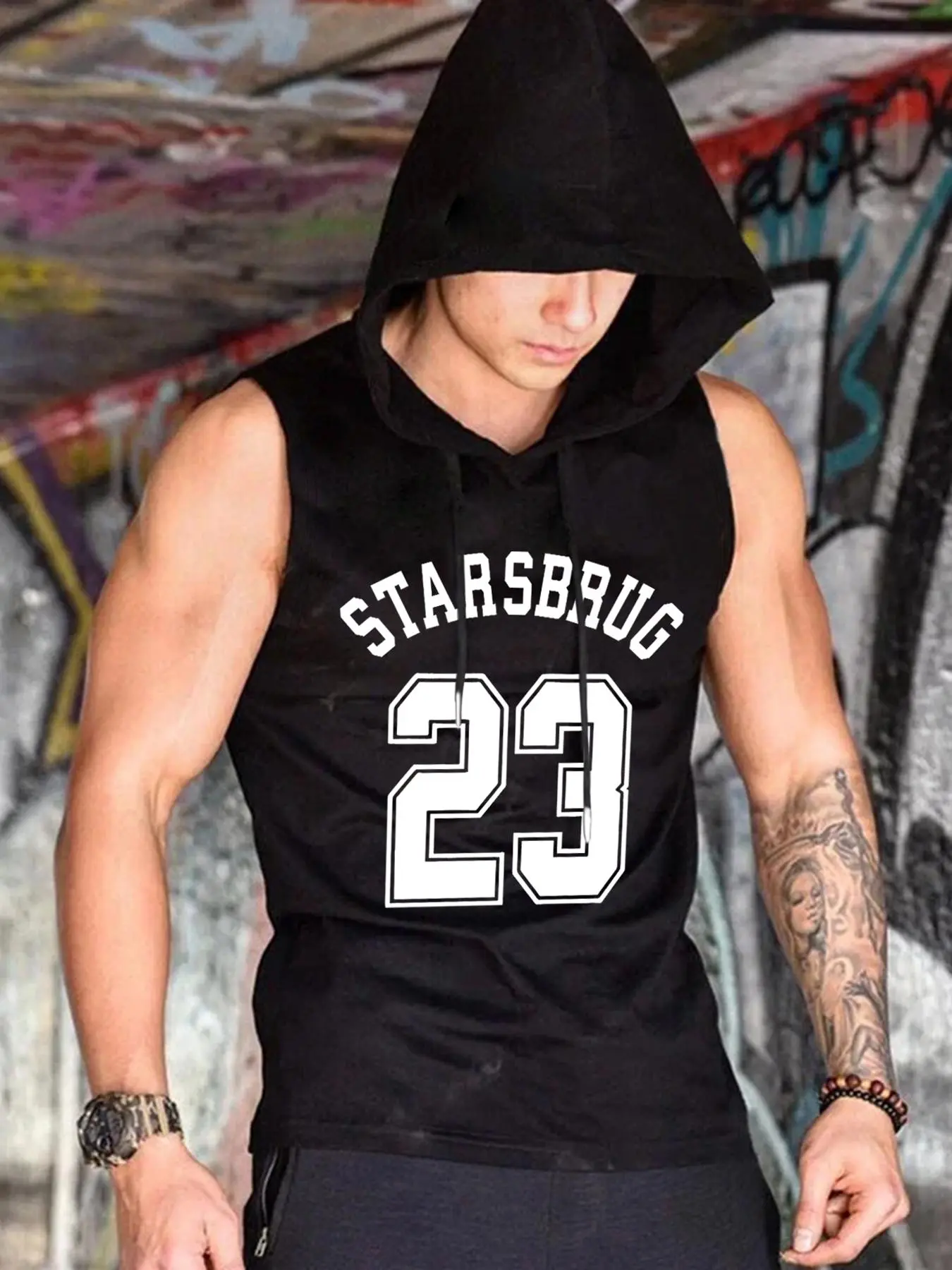 Men's Regular Fit Letter ＆ Number Print Hooded Tank Top, Casual Fashion Sleeveless Top for Summer, Men's Clothes for Daily Wear