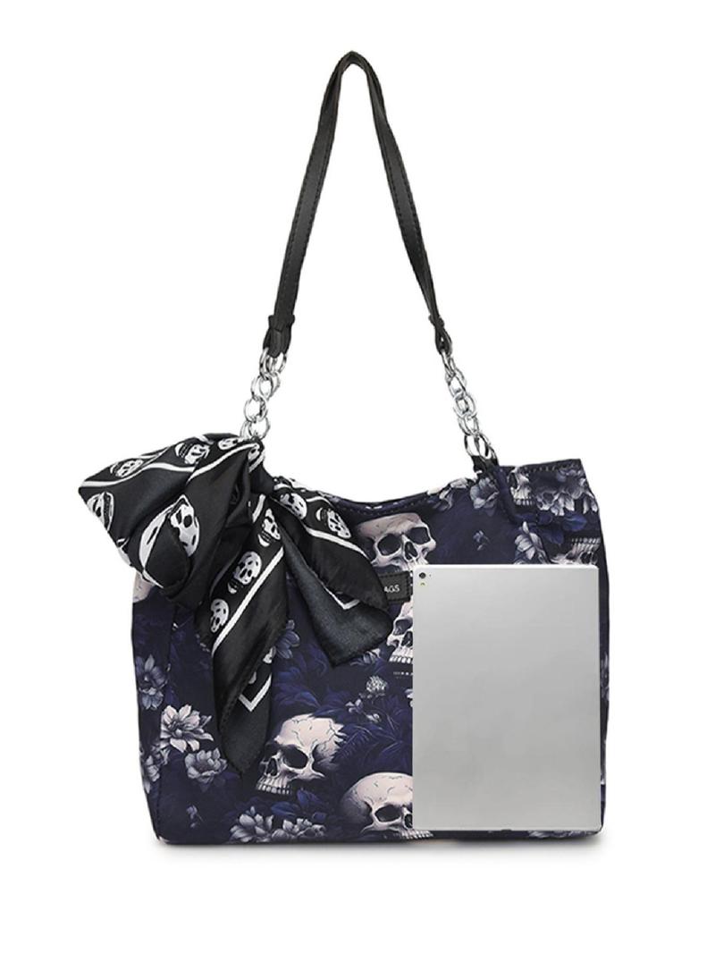 Product Introduction of Women's Punk Style Skull & Floral Pattern Tote Bag, Fashionable Shoulder Bag for Daily Life, Casual Trendy Versatile Goth Commuting Bag 3