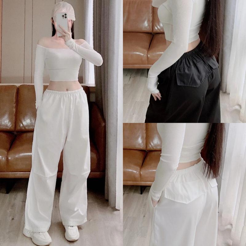 Quần KAKI ống rộng cạp chun thun lưng cao có túi màu Đen trắng ghi dáng dài chất dày dặn Quần tây ống suông nữ đi học làm công sở tôn dáng Ong Women quần  ong  rong quanongsuong