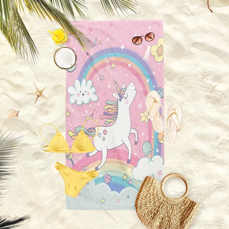 Cartoon Unicorn Pattern Beach Towel, Soft Absorbent Towel, Lightweight Quick Drying Towel for Travel, Swimming, Surfing, Outdoor Activities 4