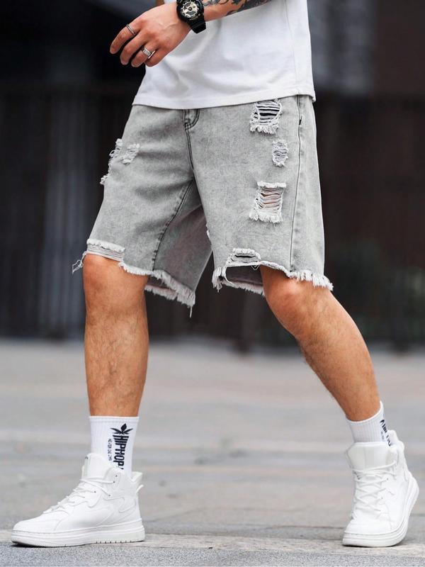 Men's Solid Color Ripped Denim Shorts, Fashion Loose Fit Short Jeans for Summer, Men's Bottoms for Daily Wear, Cotton, Womenswear 5