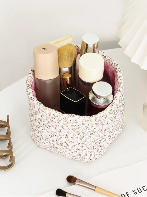 Floral Pattern Makeup Bag, Floral Quilted Makeup Bag, Makeup Organizer, Travel Bucket Bag, Beach Daily Commuter Floral Tote Bag, Girls Women Bridesmaid Birthday Gift 5