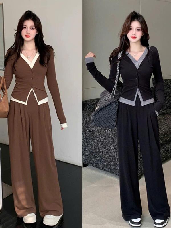 Sét bộ dài tay nữ chất thun tăm mềm mại co giãn - Size từ 40 tới 62kg - Quần ống xuông cạp chun - Áo hai lớp cúc cài - Women, Ong set thường Top Màu Đen