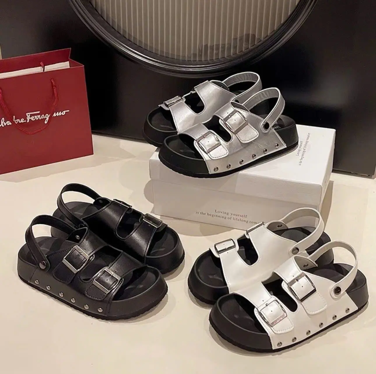 Dép sandal quai hậu da Pu M06,tán ốc chắc chắn cao cấp nạm đinh tăng chiều cao 4cm cho nữ phong cách Ulzzang