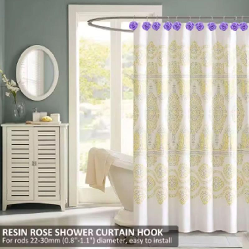12Pcs Smooth Glide Rose Flower Design Shower Curtain Hook Free Sliding Decorative Hooks Shower Curtain Rings Rustproof Anti-Drop Shower Rod Ring Bathroom 4