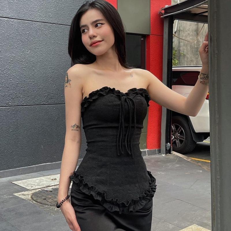 Áo Ống Nữ Cúp Ngực Kiểu Viền Bèo PINKSTORE29 Có Dây Buộc Cổ, Phong Cách Xinh Xắn A5786 Women Top