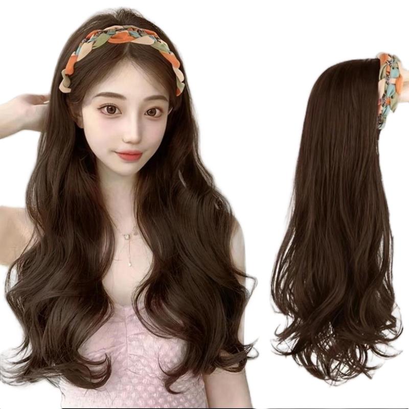 Tóc cài viền xanh cam gắn tóc nửa đầu thẳng, xoăn, xù sợi tơ nhân tạo - tóc giả nữ