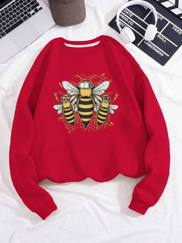 Women's Bee Print Drop Shoulder Fleece Sweatshirt, Casual Long Sleeve Round Neck Pullover for Fall & Winter, Ladies Clothes for Daily Wear 2