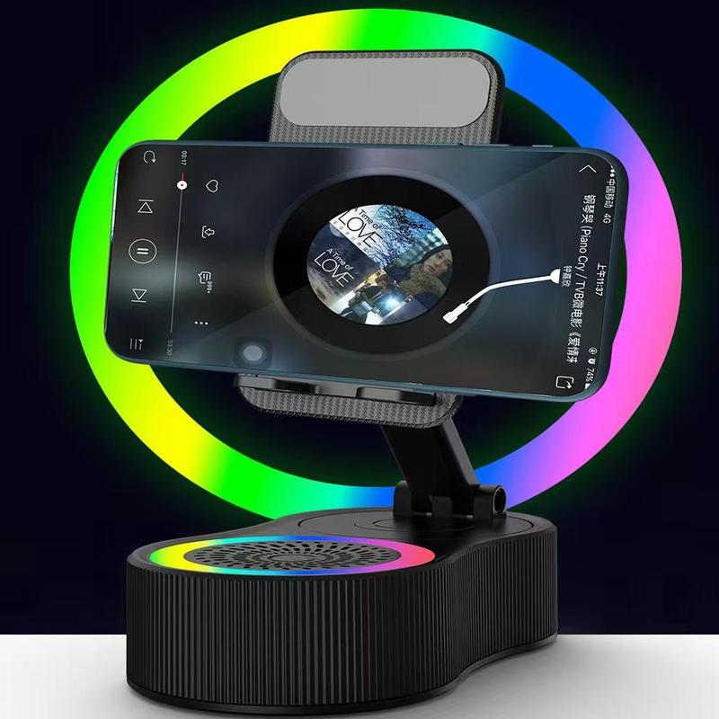 Wireless Charging Speaker Phone Holder, 360-Degree Rotatable Phone Stand with Colorful Atmosphere Light, Portable Phone Accessories for Home Office 7
