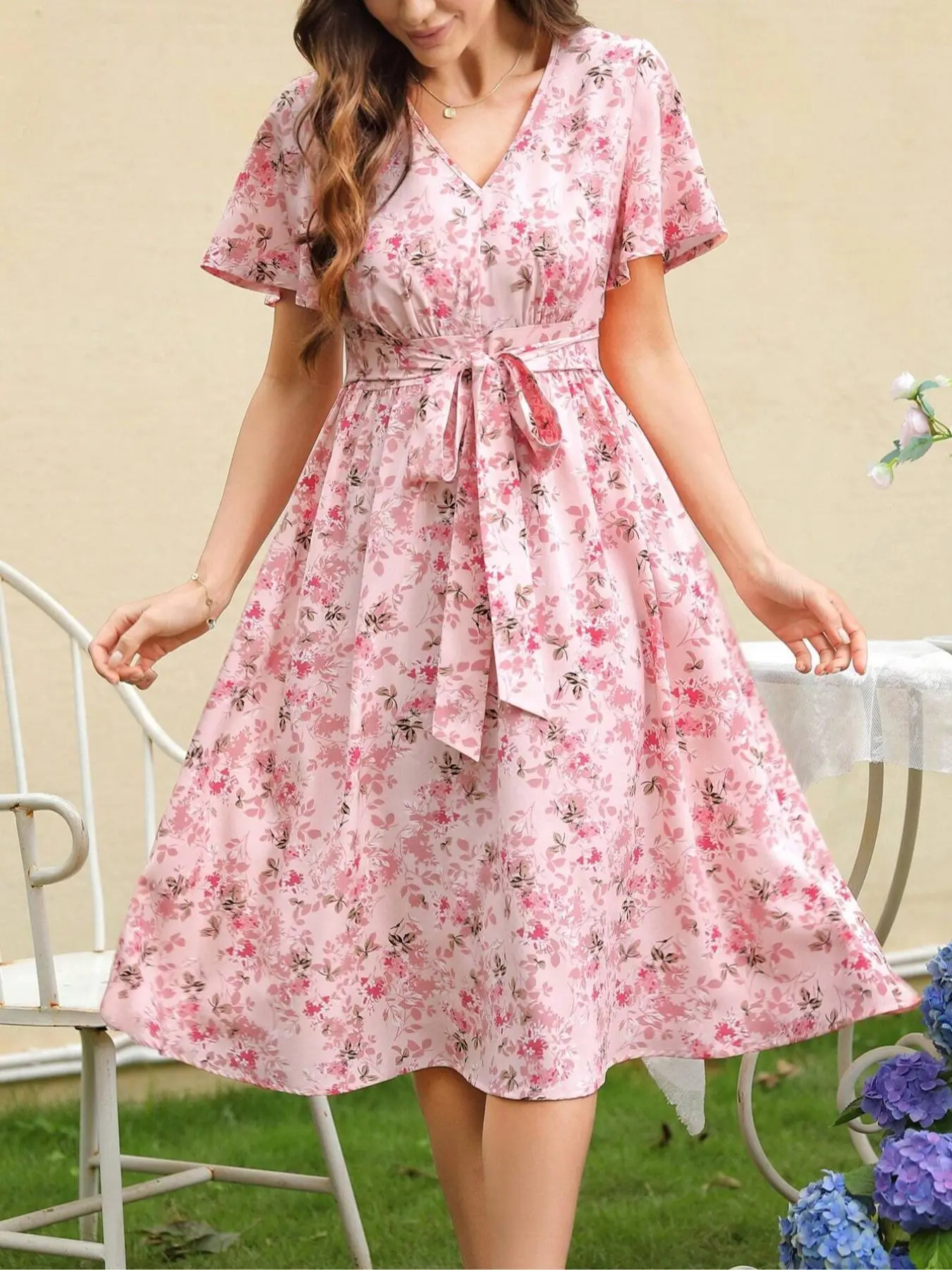 Women's Ditsy Floral Print Zipper Belted Dress, Elegant Short Sleeve V Neck  Dress for Summer, Ladies Clothes for Daily Wear