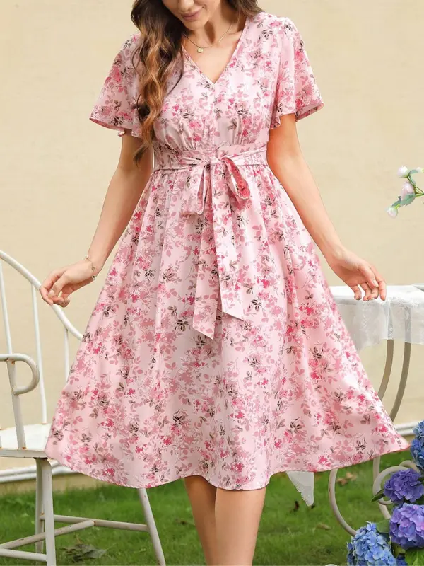 Women's Ditsy Floral Print Zipper Belted Dress, Elegant Short Sleeve V Neck  Dress for Summer, Ladies Clothes for Daily Wear 0