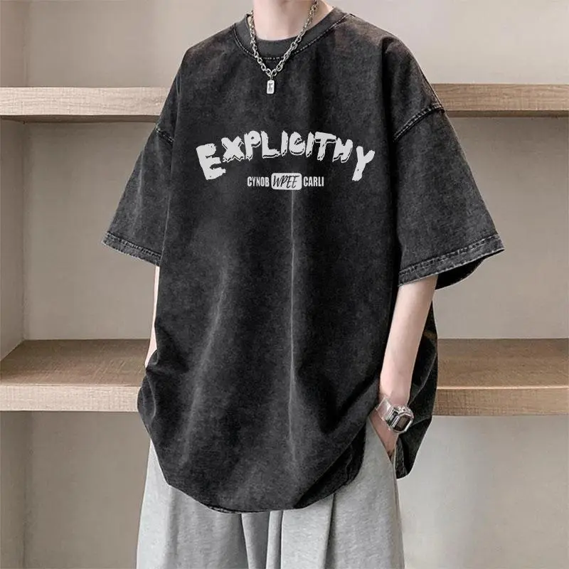 cotton nguyên chất mùa hè 2024 phong cách mới giặt đau khổ đa năng thời trang phong cách Hàn Quốc hợp thời trang rộng rãi cho nam nữ áo thun ngắn tay in hình học sinh cao cấp