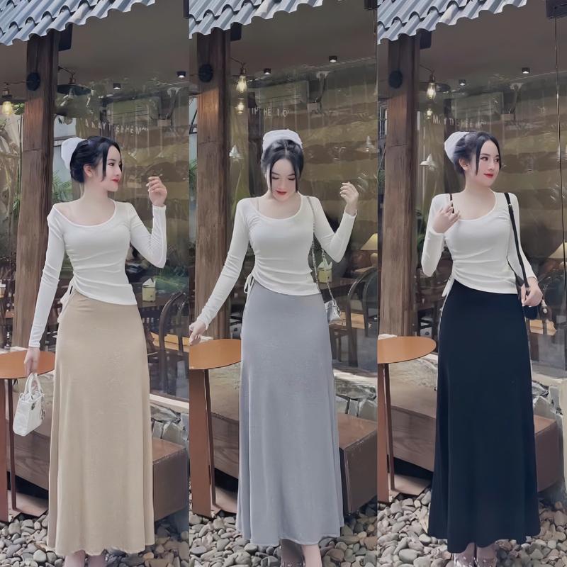 Set váy nữ áo tay dài vạt bầu rút dây eo mix chân váy dài ôm body duyên dáng xinh xắn cho nàng đi chơi,đi dạo phố