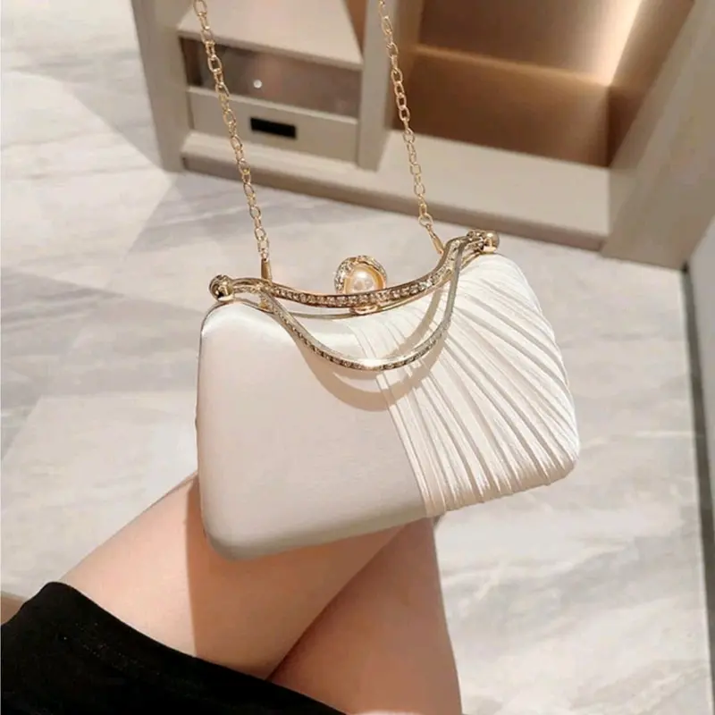 Túi Xách Nữ Đeo Chéo Women Bag Clutch Cầm Tay Cốp Đi Tiệc Quai Kiềng Đôi Lụa Màu Kem Xếp Ly Kèm Dây Xích Size 19 HÀNG CHUẨN QC Nhung đá 7