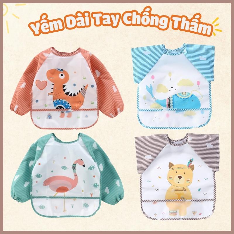 Áo Yếm Ăn Dặm Chống Thấm Nước Cho Bé Có Tay Yếm Ăn Dặm Cho Bé Có Máng Hứng Thức Ăn
