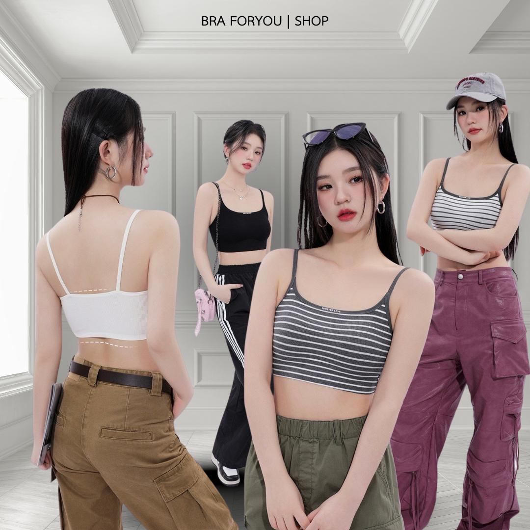 Bra Foryou เสื้อในสปอร์ตบรา(3835)เสื้อกั๊กฤดูร้อนตัวเล็กลายทาง งานปัก forever love เนื้อผ้าเกรดพรีเม
