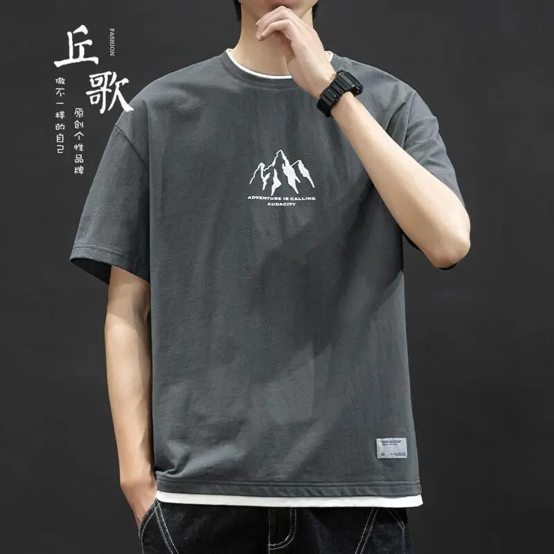 Áo Thun Nam Ngắn Tay, Thương Hiệu Hợp Xu Hướng Nhật Bản Mùa Hè Mới, Phong Cách Instagram Hợp Xu hướng Dễ Phối Đồ Dáng Rộng Thường Ngày Giả Hai Lớp Áo Thun Nam Tay Lửng