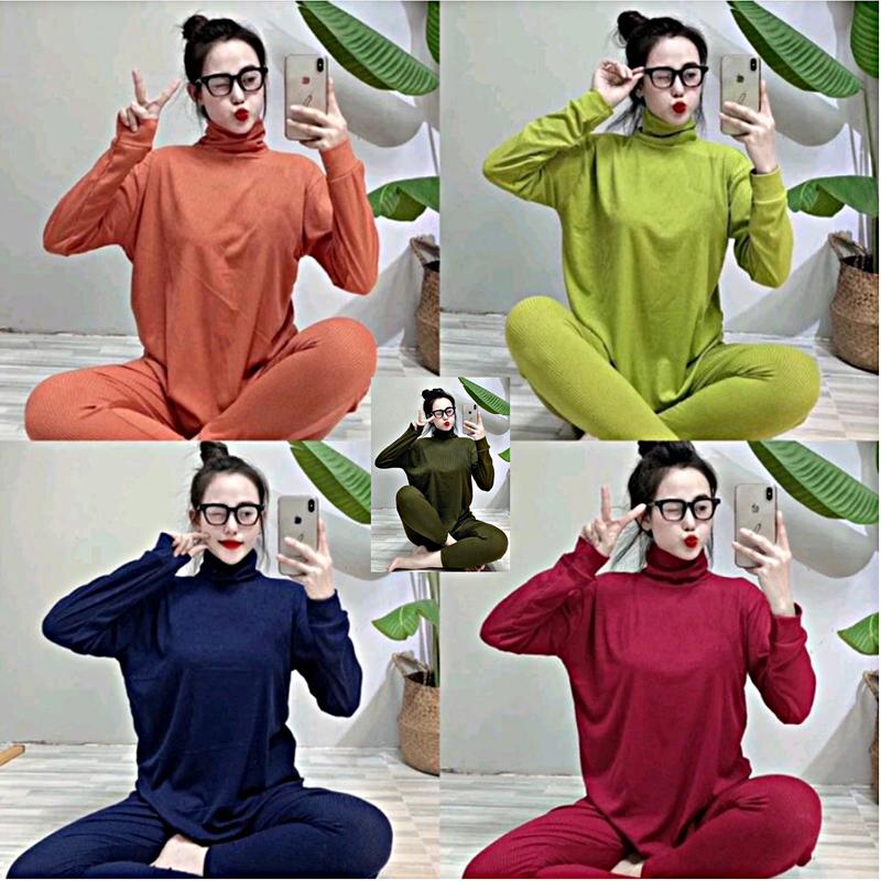 B-09 Bộ ủ kem thun tăm lạnh áo cổ Lọ quần dài Nữ Women