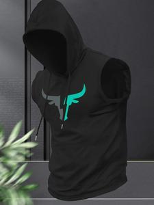 Camiseta sin mangas con capucha y estampado de cabeza de toro de dibujos animados de ajuste regular para hombre, camiseta sin mangas de moda casual para verano, ropa de hombre para uso diario, sudaderas