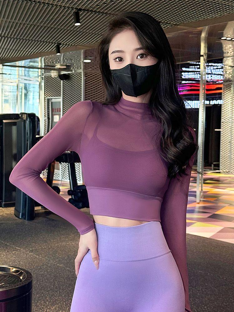Product Introduction of Yoga Long Sleeve T-shirt Women's Mesh Yarn False Two Pieces Top with Chest Pad for Foreign Trade Southeast Asia, America Style 1