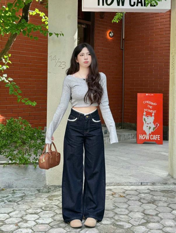 [CÓ SIZE CHO NẤM] Quần jeans nữ form ống rộng màu than phối ren nổi bật Woman Pants MINI006 2