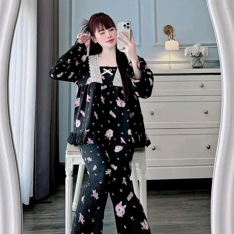 Bộ tiểu thư tay dài 40/60kg viền ren nhúng bèo chất đũi sốp .đồ mặc nhà thoáng mát Nhung Tim 2