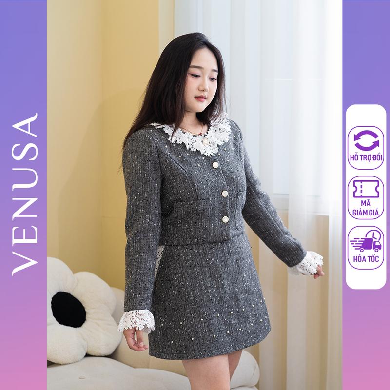 Set dạ tweed BIGSIZE áo đính ngọc cổ ren bèo mix chân váy A đính ngọc Venusa Store Top Women
