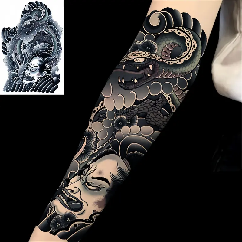 Miếng Dán Hình Xăm Màu Rồng, Cỡ Lớn, Phong Cách Truyền Thống, Đen Trắng, Văn Hóa Hình Xăm Cánh Tay, Cá Tính, Thiết Kế Độc Đáo Hình Xăm Giả 7