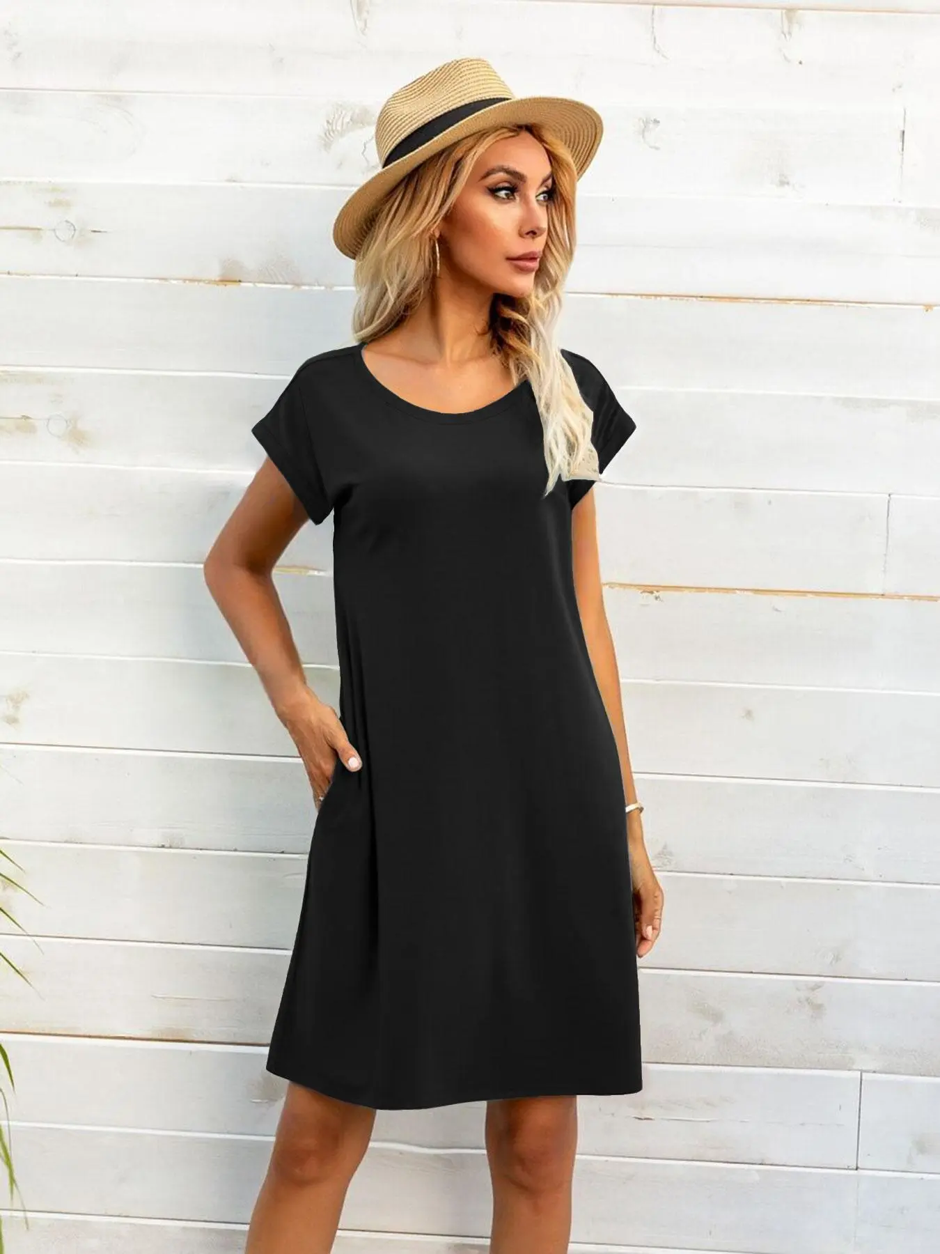 Women's Plain Curved Hem Rolled Sleeve Tee Dress, Casual Short Sleeve Round Neck Dress for Summer, Ladies Clothes for Daily Wear