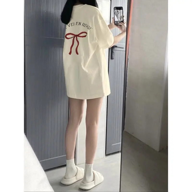 Korean Style Bowknot Sweet Style Short-Sleeved T-shirt Women's Mid-Length Fresh Loose All-Match Simple Comfortable Top Womenswear Lingerie Streetwear Summer Crewneck Round Neck printed  tee