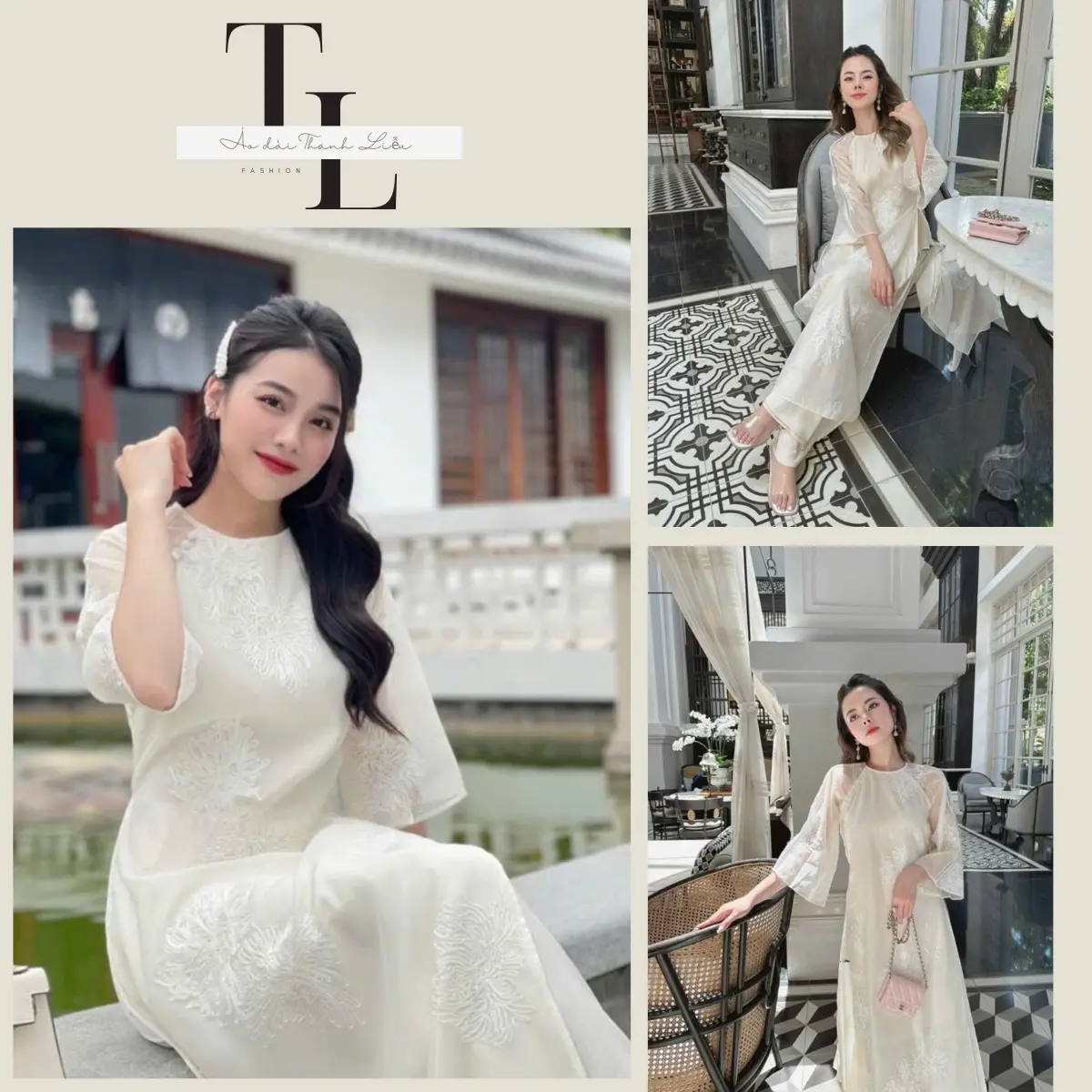 Áo Dài Cách Tân Thi Thư Tơ Thêu Hoa Quỳnh 2 Lớp 4 Tà Cổ Tết Đính Cúc Đính Nơ Hàng May Sẵn -  Áo Dài Thanh Liễu