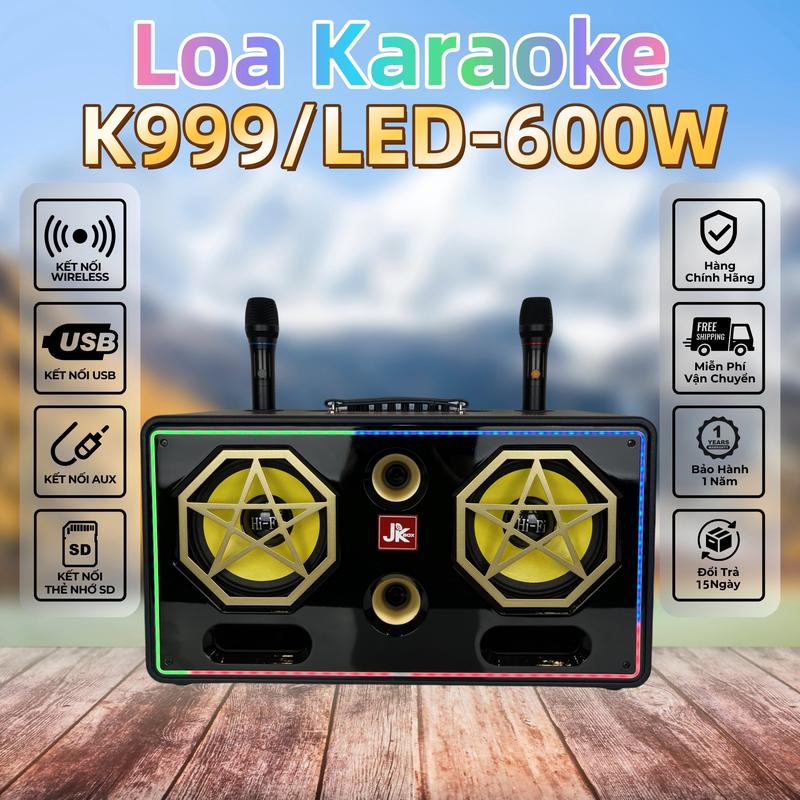 JK-K999 600W Loa Karaoke Di Động Nghe Nhạc Xách Tay Bluetooth 7.5, LED tạo hiệu ứng vòm xung quanh 8 chế độ, 3 Đường Tiếng - Bass 20cm x 2, Mid 16cm x 2, Treble x 2, 2 Micro UHF không dây, Loa ngoài trời, Loa gia đình