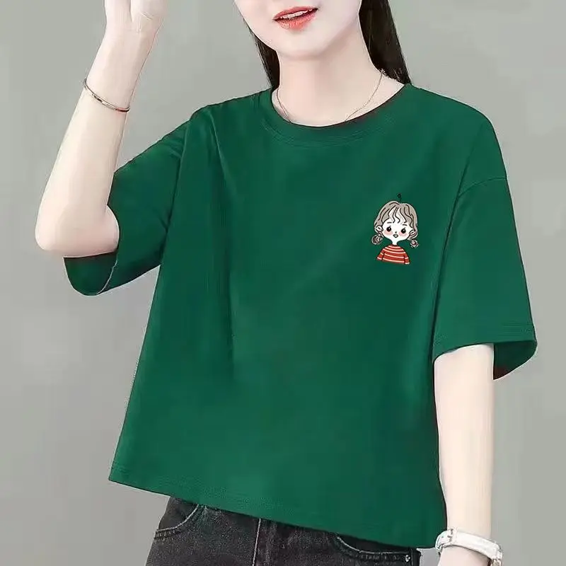 Áo Thun Ngắn, 100% Cotton, Dành Cho Nữ, Phong Cách Hàn Quốc, Dáng Rộng Vừa Vặn, Thiết Kế Ngủ Ngắn, Hàng Mới Về 2024, Áo Thun Cạp Cao 2