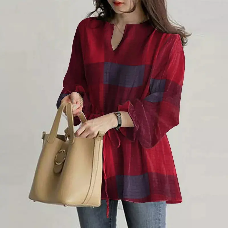 Women's Bell Sleeve Top Plaid Office Loose Baggy Top T-shirt