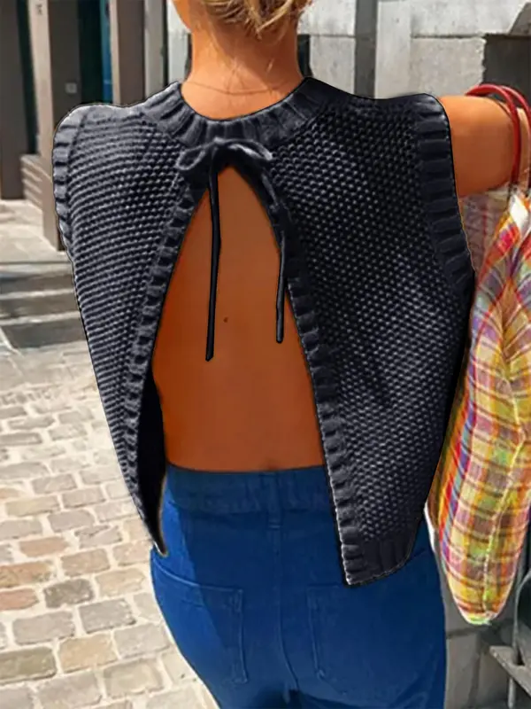Women's Solid Split Tie Back Sweater Vest, Minimalist Fit Casual Round Neck Sleeveless Knit Top for Spring & Fall, Fashion Women's Knitwear for Daily Wear 3