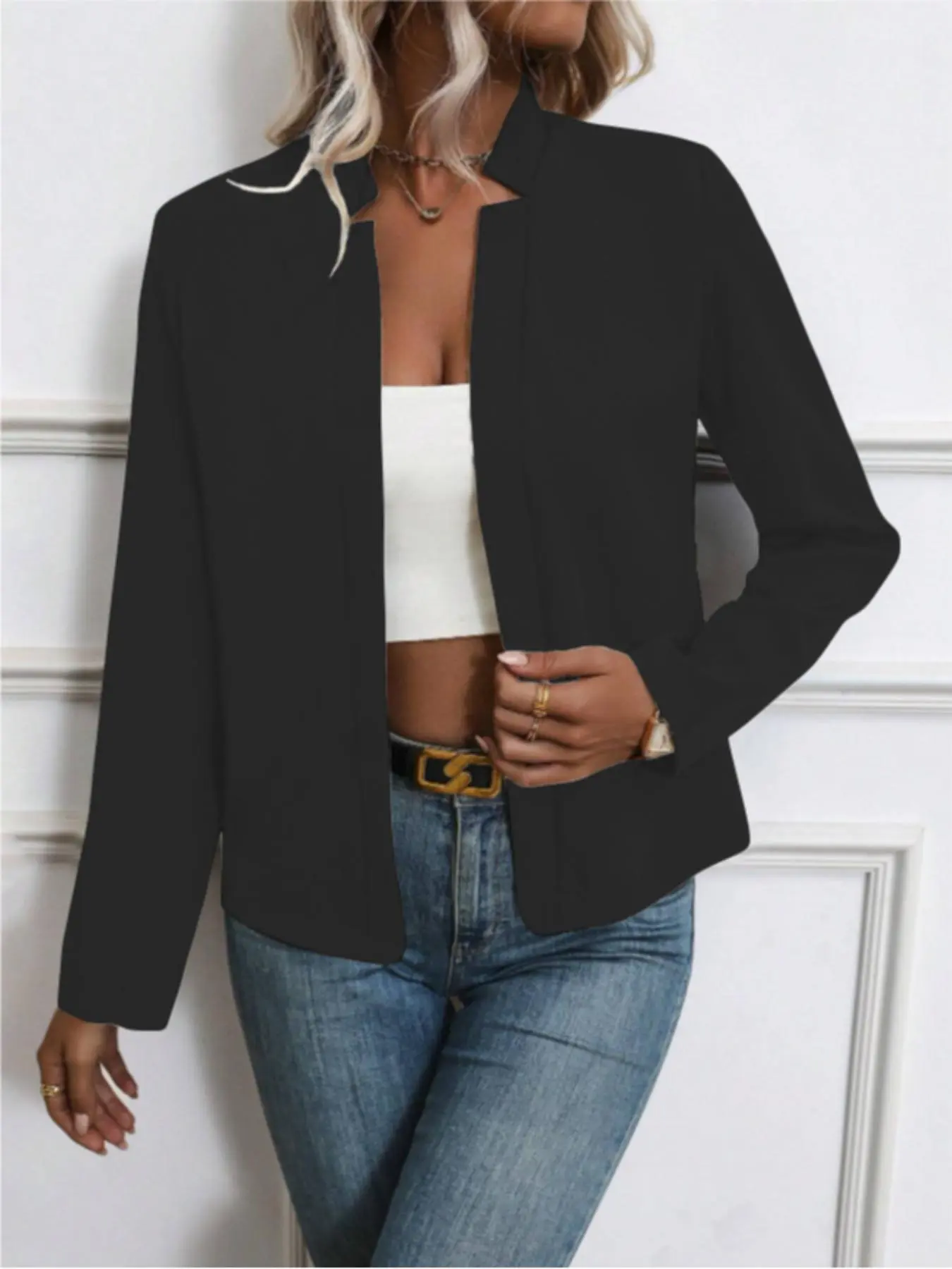 【Plus Size】 Women's Solid Color Open Front Blazer, Elegant Long Sleeve Outerwear for Work Office Business, Ladies Spring & Fall Clothes